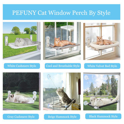 PEFUNY Cordless Folding Cat Window Perch, Cat Hammock for Window and Wall, with 4 Suction Cups, Sturdy Setal Frame for Glass Windows and Interior Walls (White Large)