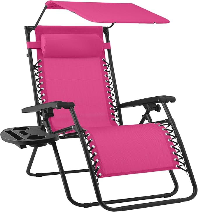 Best Choice Products Folding Zero Gravity Outdoor Recliner Patio Lounge Chair w/Adjustable Canopy Shade, Headrest, Side Accessory Tray, Textilene Mesh - Hot Pink/Black
