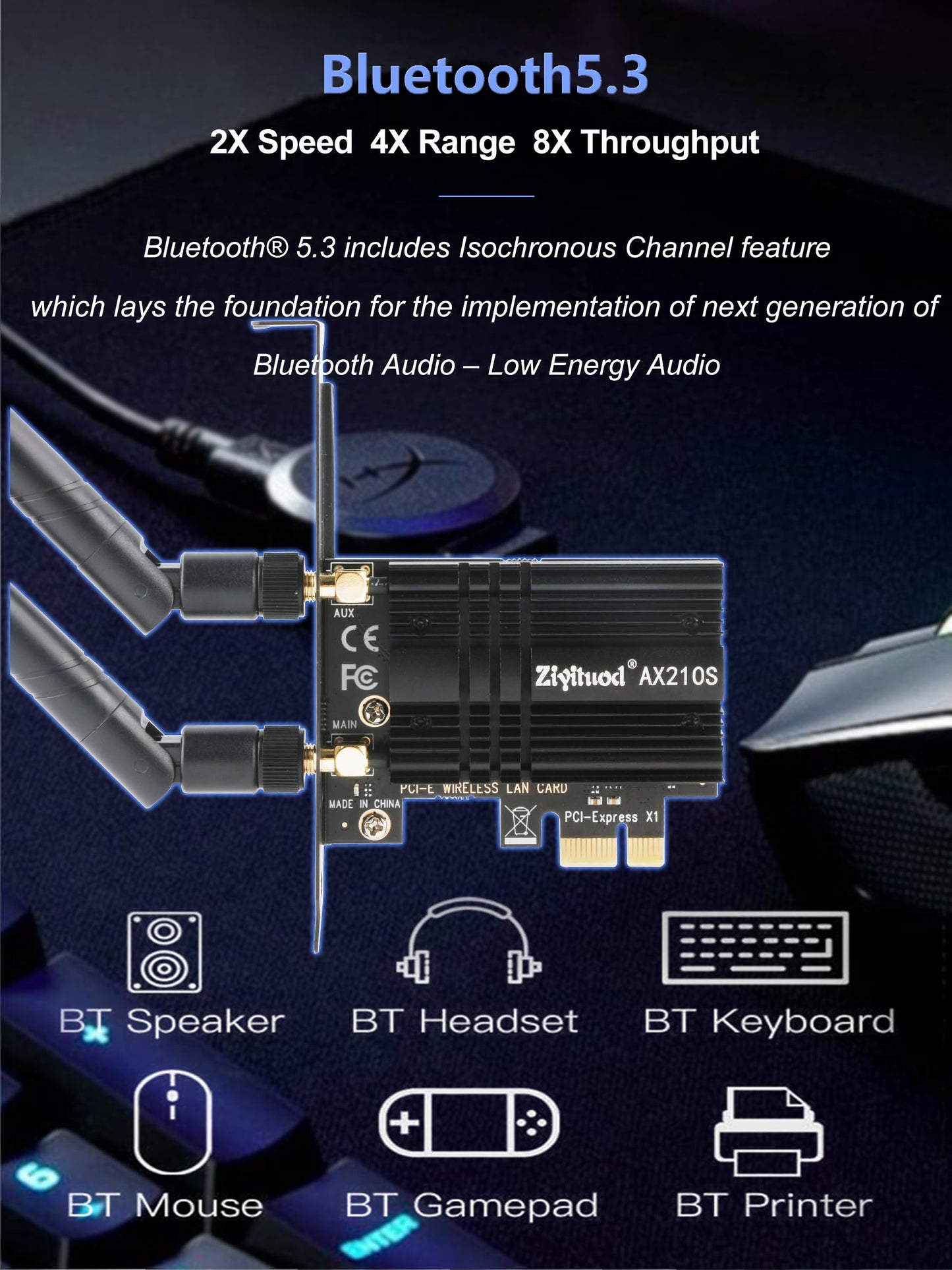 WiFi Card 5400Mbps 6E Wireless WiFi Bluetooth 5.3 PCIe Network Card, Intel WiFi 6E AX210 Chip, 6GHz/5GHz/2.4GHz PCI Express Bluetooth WiFi 6 Card for Desktop/PC Windows 11/10(64Bit)