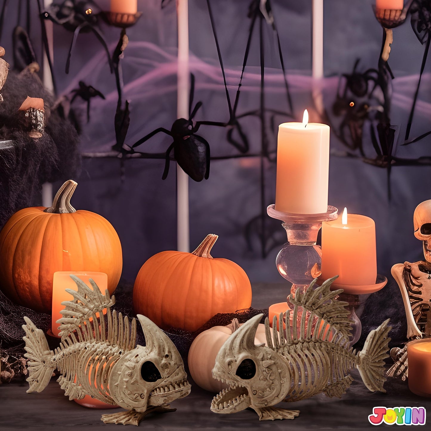 JOYIN 2 PCS 9.5 Halloween Posable Fish Skeleton Decor, Animal Plastic Bones with Posable Joints for Indoor Outdoor Halloween Decorations Party Props, Yard Patio Lawn Garden Props Decor