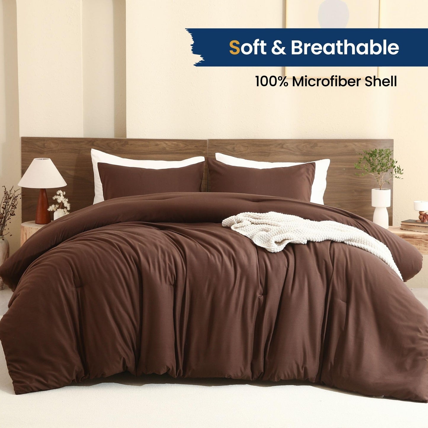 Paxrac Earthy Brown Comforter Queen Size, Neutral 3 Pieces Comforter Set, Lightweight Solid Bedding Set, All Seasons Soft Fluffy Queen Comforter Set (90x90In Comforter & 2 Pillowcases)