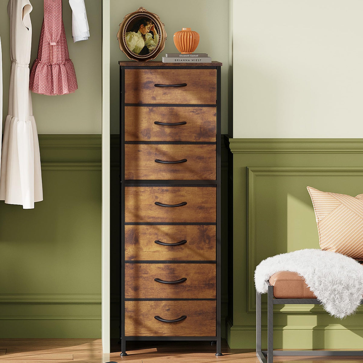 WLIVE Tall Dresser for Bedroom, 7 Drawer Dressers & Chests of Drawers, Fabric Dresser for Closet, Night Stand with Metal Frame, Storage Tower with Fabric Bins, Wood Top, Rustic Brown Wood Grain Print