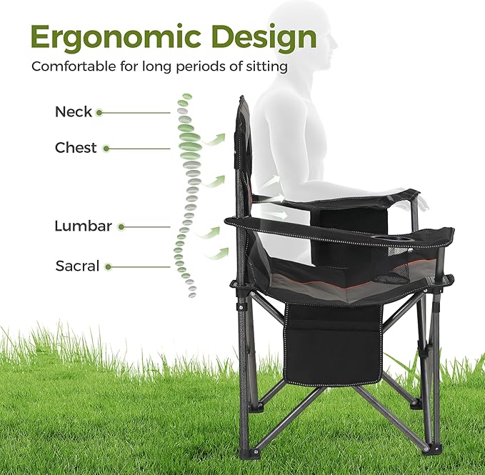 ALPHA CAMP Heavy Duty Camping Chair 500LBS Capacity, Oversized Folding Chair for Heavy People, Padded Portable Outdoor Chair with Cooler Bag & Cup Holder for Camping, Fishing, Beach