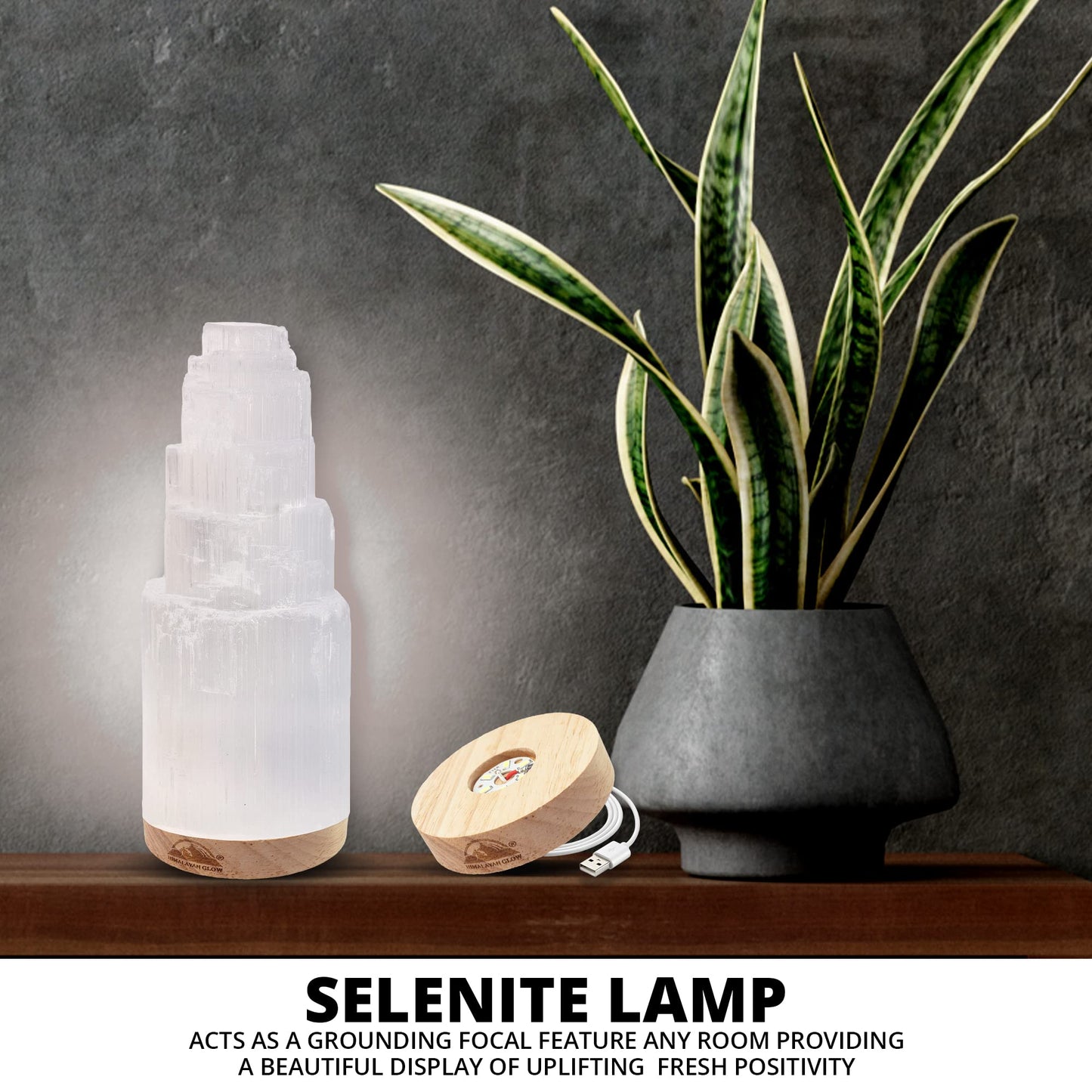 Himalayan Glow Selenite Crystal Lamp 20cm Large, Hand Curved Crystal Lamp with (ETL Certified) Wooden Base & USB Charging Cable for Home Décor - White
