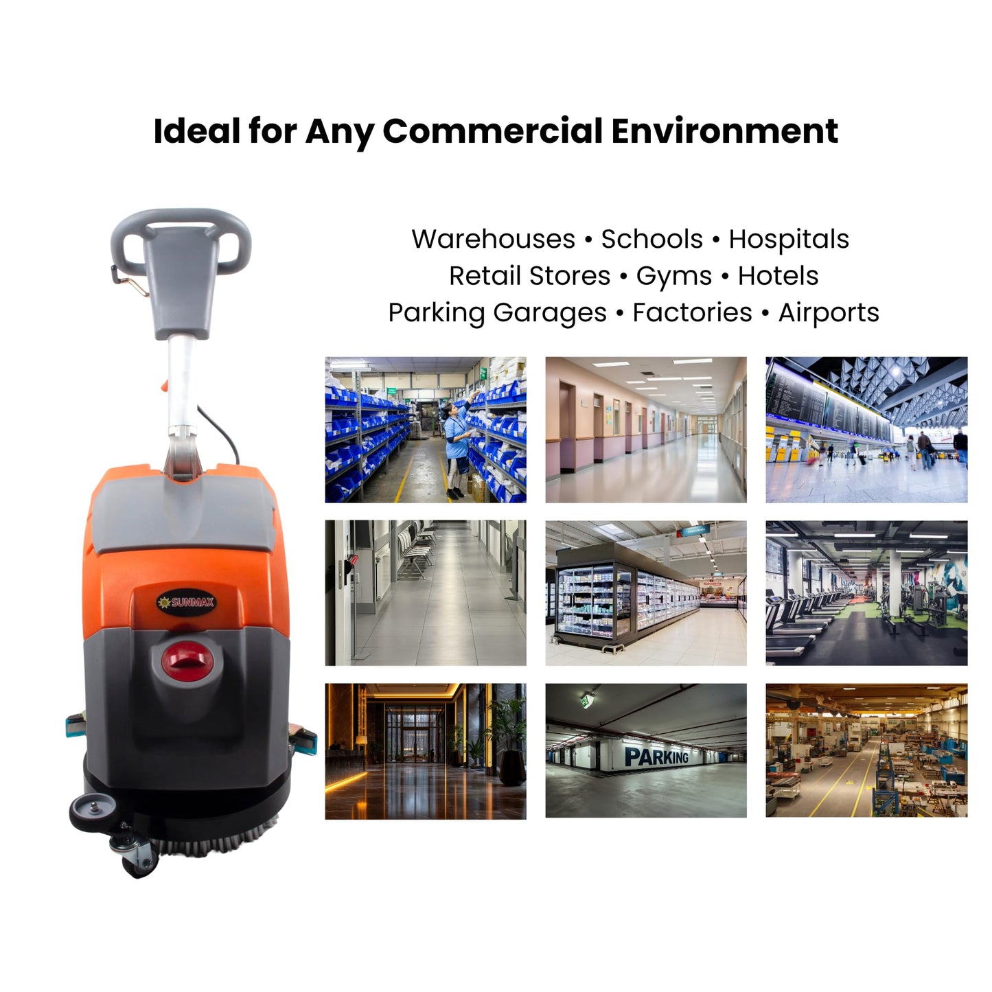 Sunmax RT35AC 17" Electric Walk-Behind Floor Scrubber, 7.9/9.2-Gal Dual Tank System, Orange/Gray, 26ft 110V Corded Commercial Floor Cleaning Machine