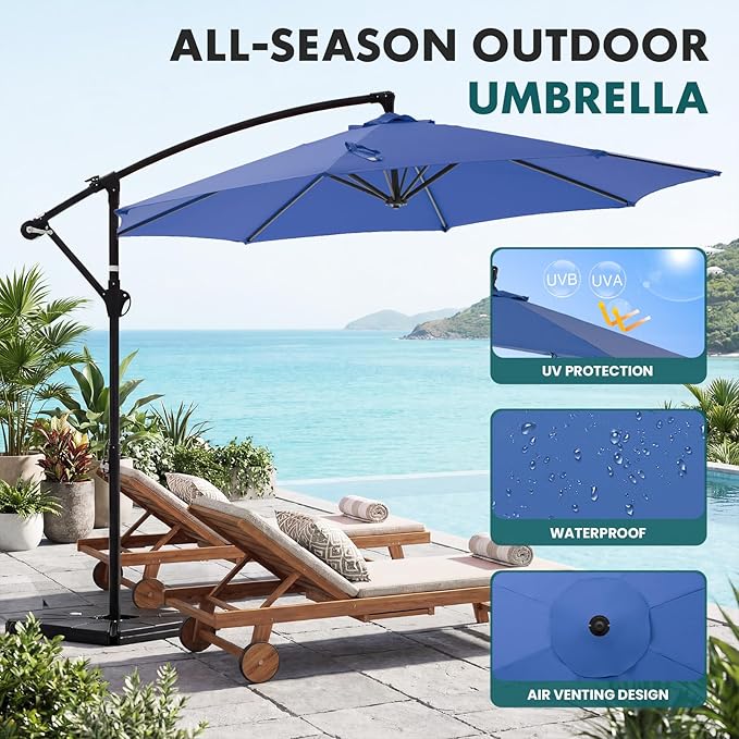 OLIXIS 9.7FT Offset Patio Umbrella with Base, Cantilever Table Umbrellas for Outdoor Sun Shade UV Protection with Easy Tilt Adjustment, 8 Ribs for Backyard, Lawn, Garden, Pool - Blue