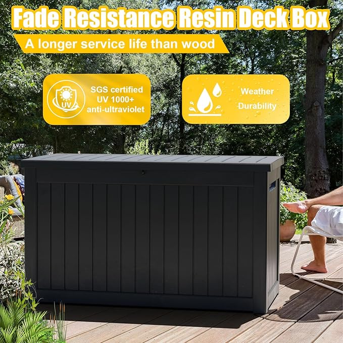 ROJIK Outdoor Storage Housing Deck Box,Waterproof Patio Furniture, Garden Tools,Cushions,Pool Accessories Storage Bench with Lockable Lid and Side Handles (Black,280 Gal)