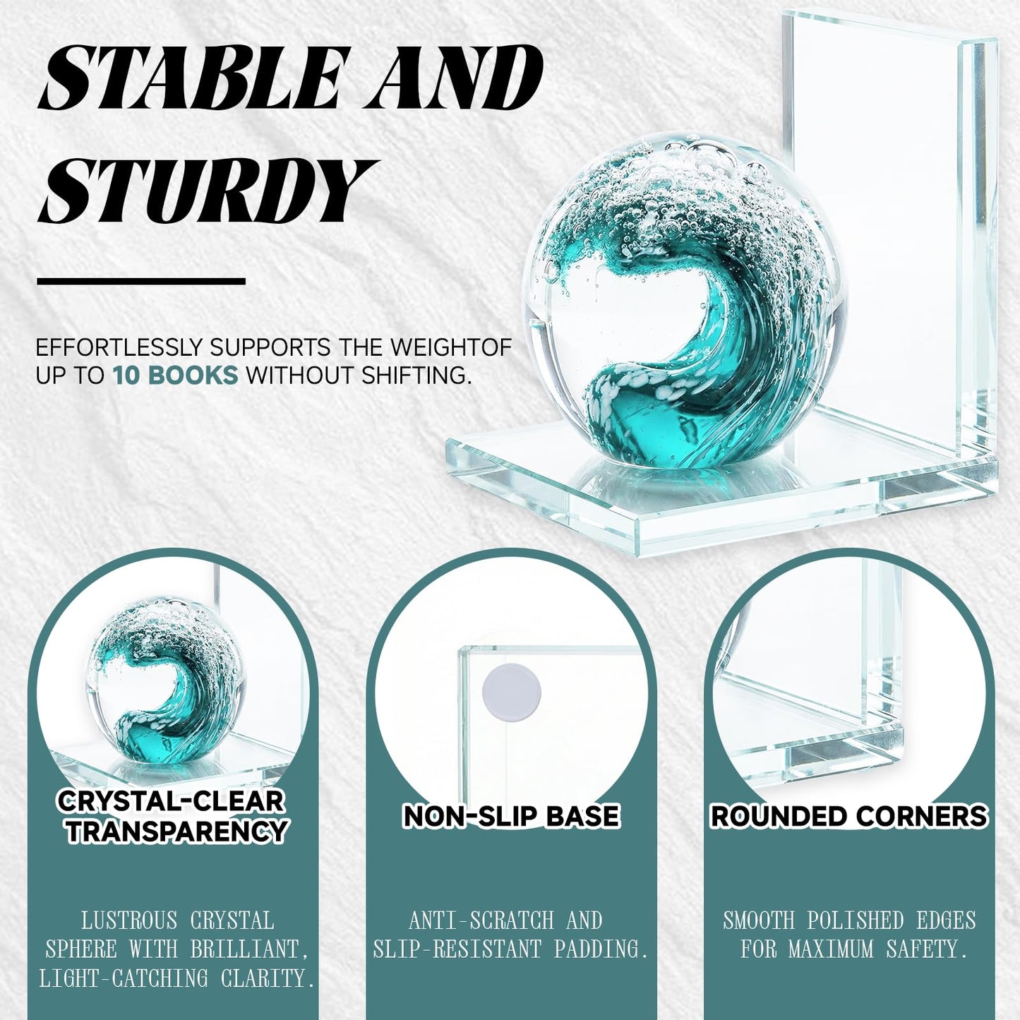 Decorative Bookends for Shelves, Hand Blown Ocean Crystal Ball Unique Bookends for Heavy Books, Office Desk Decor, Ideal for Ocean Lovers (Dark Green)