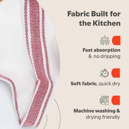 Zeppoli Tea Towel Set Kitchen Towels – 36 x 64 CM 100% Natural Cotton Dish Catering Towels - Soft and Absorbent Reusable Cleaning Cloths (White Red Striped)