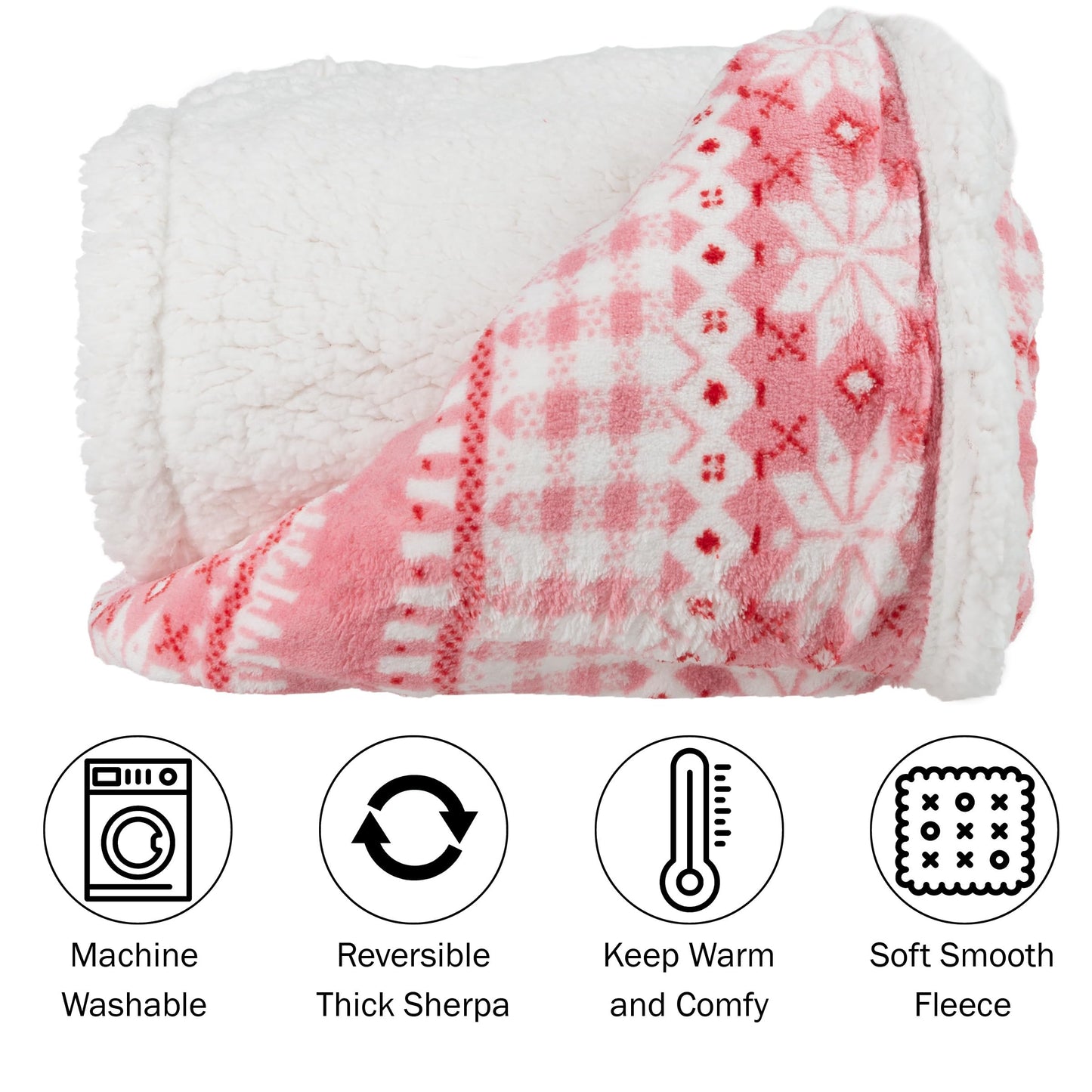 Lavish Home Reversible Fleece Blanket - 50x60-Inch Machine-Washable Sherpa Throw with Snowflakes - Cozy Blanket for Couch, Chair, or Bed (Pink)