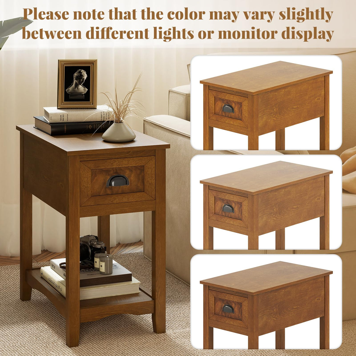 Giantex End Table with Drawer, Retro Narrow Side Table, Nightstand with Solid Wood & Storage Shelf, Bedside Table for Living Room Bedroom Small Space Home Office (1, Tawny)