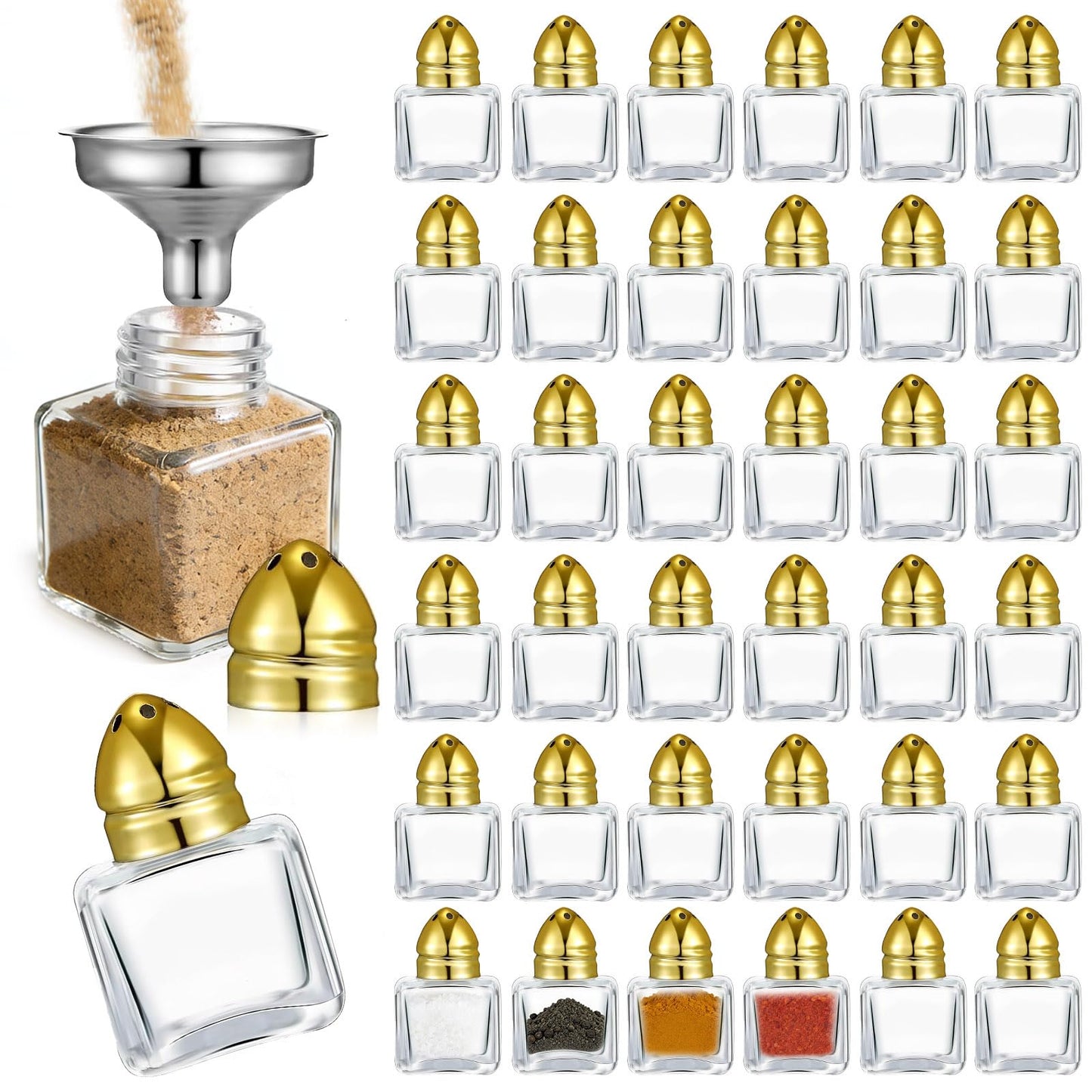 Nyuemystery 72/120 Pack Mini Salt and Pepper Shakers, 0.5 oz Clear Glass Cube Seasoning Jars with Gold Stainless Steel Lids, Small Spice Shakers Bulk for Wedding Party Restaurant Kitchen (120 Pack)