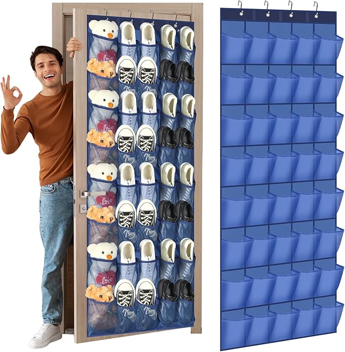 Windyun 40 Large Over the Door Hanging Shoe Organizer Navy Blue Mesh Pockets