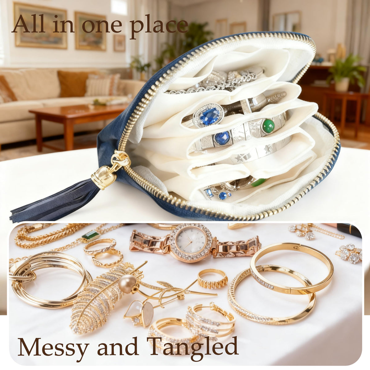 Travel Jewelry Case, Portable Jewelry Box with Organizer Pouches, Tassel Zipper, Small Storage Bag for Necklaces, Bracelets, Rings, Earrings and Gemstones, Valentines Gift for Women（Sapphire Blue）