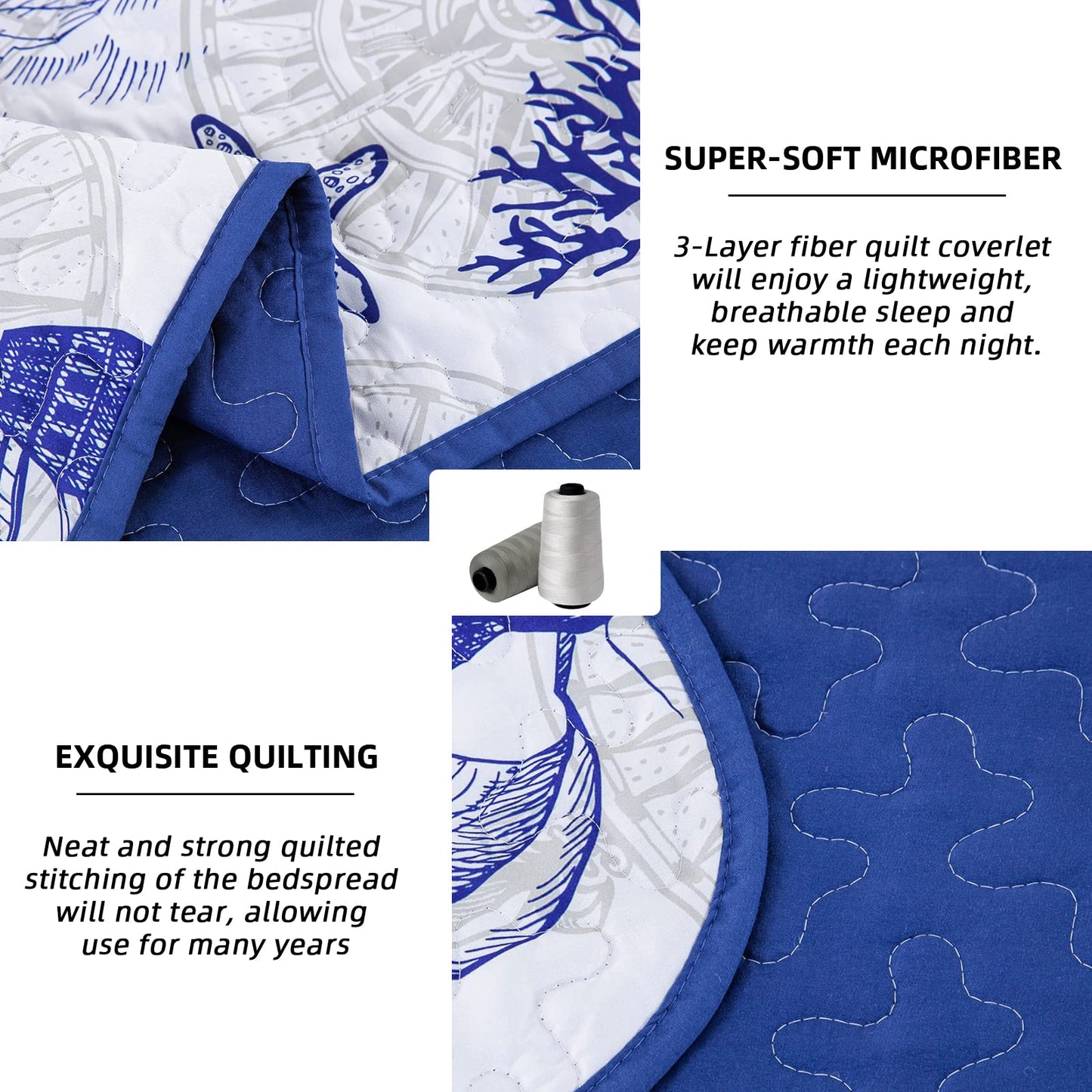 DJY Blue Quilt Set King Nautical Beach Quilt Coverlet Set Coastal Seahorse Bedspread with 2 Pillow Shams Lightweight Coastal Bedding Quilt Set for Adults Teens Kids (3 Pieces, 90"x104")