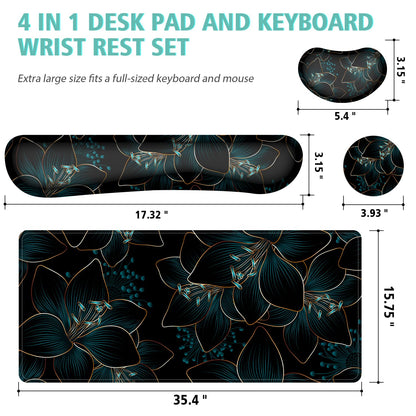 Keyboard Mouse Pad Set,Large Gaming Mouse Pad+Keyboard Wrist Rest+Wrist Rest+Coaster,Computer Desk pad Set Wrist Support for Office Desktop Laptop. (35.4" x 15.7") Extended Desk Mat (Floral)