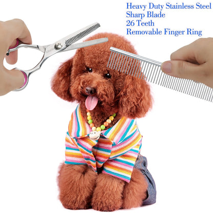 GEMEK Pet Grooming Scissors Set 4 Pieces Stainless Steel Pet Trimmer Kit Used for Dog Cat and More Pets - with 7.5-inch Cutting Scissors, Thinning Shear, Curved Scissors, Grooming Comb