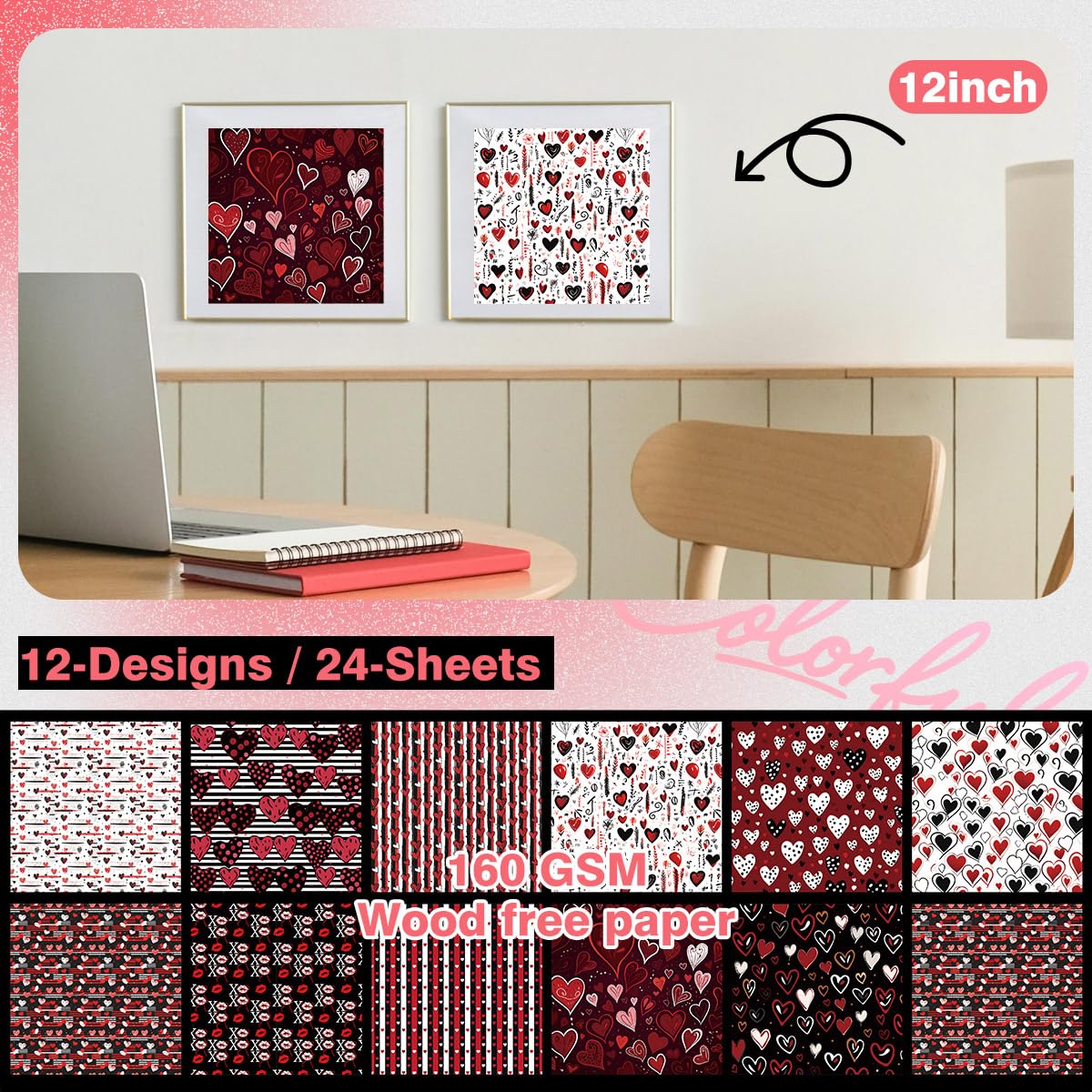 Valentine’s Day Scrapbook Paper 12 x 12 Double Sided Printing Red Black Heart Love Patterned Craft Paper for Card Making Photo Album Wedding Anniversary Party Decorative 24 Sheets