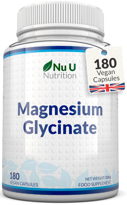 Magnesium Glycinate Supplements 1000mg (Bisglycinate) - 180 High Strength Vegan Capsules - 3 Month Supply - Providing 200mg of Elemental Magnesium - Made in The UK - Nu U Nutrition