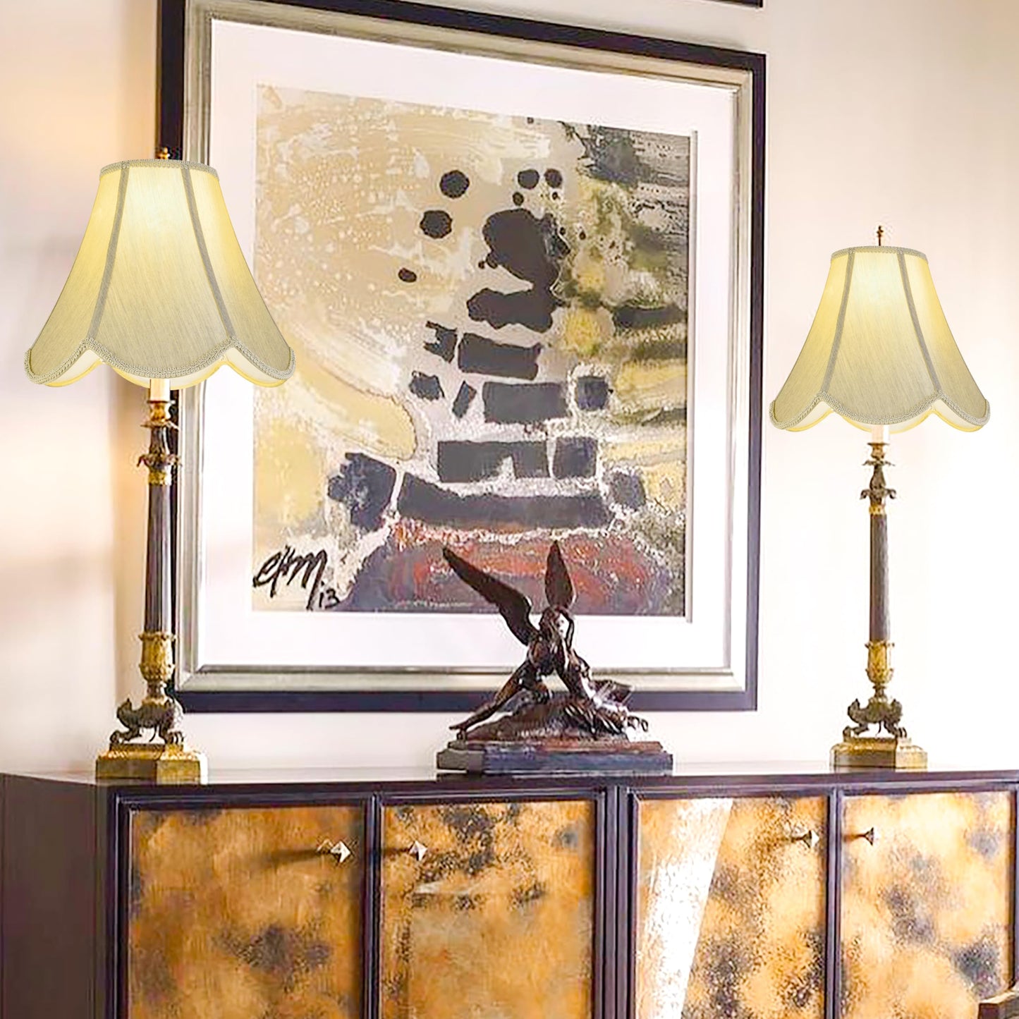 GO&SO Gold Lamp Shade Medium Bell Lamp Shades 2pc Edge Petal Braid Design Scalloped Lamp Shade,6"Top x 13"Bottom x 10.6"Vertical Height (Spider) Replacement Lampshades for Table Lamps - Easy Assembly