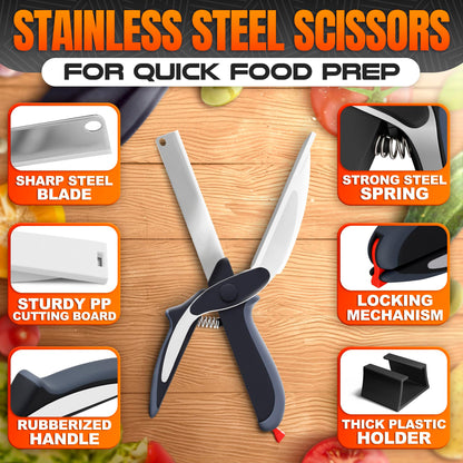 2 in 1 Cutting Board Scissors for Food - 9.6" Detachable Cheese Scissors with Cutting Board and Stainless Steel Blade - Easy-to-Use Veggie Cutter with Safety Lock, Suitable for Fruits and Vegetables