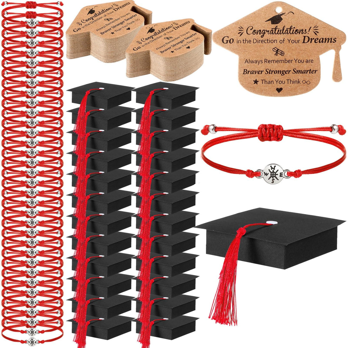 Cunno 50 Sets 2026 Graduation Gifts Bulk Include 50 Compass Bracelet 50 Graduation Cap Box with Tassel 50 Congratulations Cards, Party Favors Party Supplies for Him Her(Black Red)