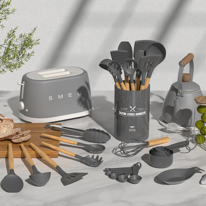 Umite Chef Kitchen Cooking Utensils Set, 33 pcs Non-stick Silicone Spatula Set with Holder, Woodle Handle Heat Resistant Gadgets Utensil (Gray)