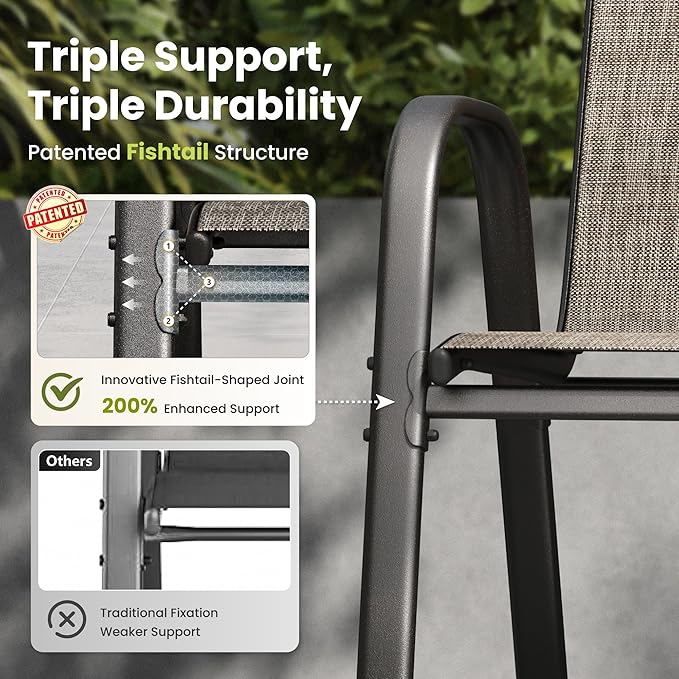 PHI VILLA Patio Chairs Set of 4, Outdoor Stackable Dining Chairs with E-Coating Metal Frame and Upgraded Textilene Fabric, All Weather Deck Chair 350 LBS Capacity for Porch Poolside Garden