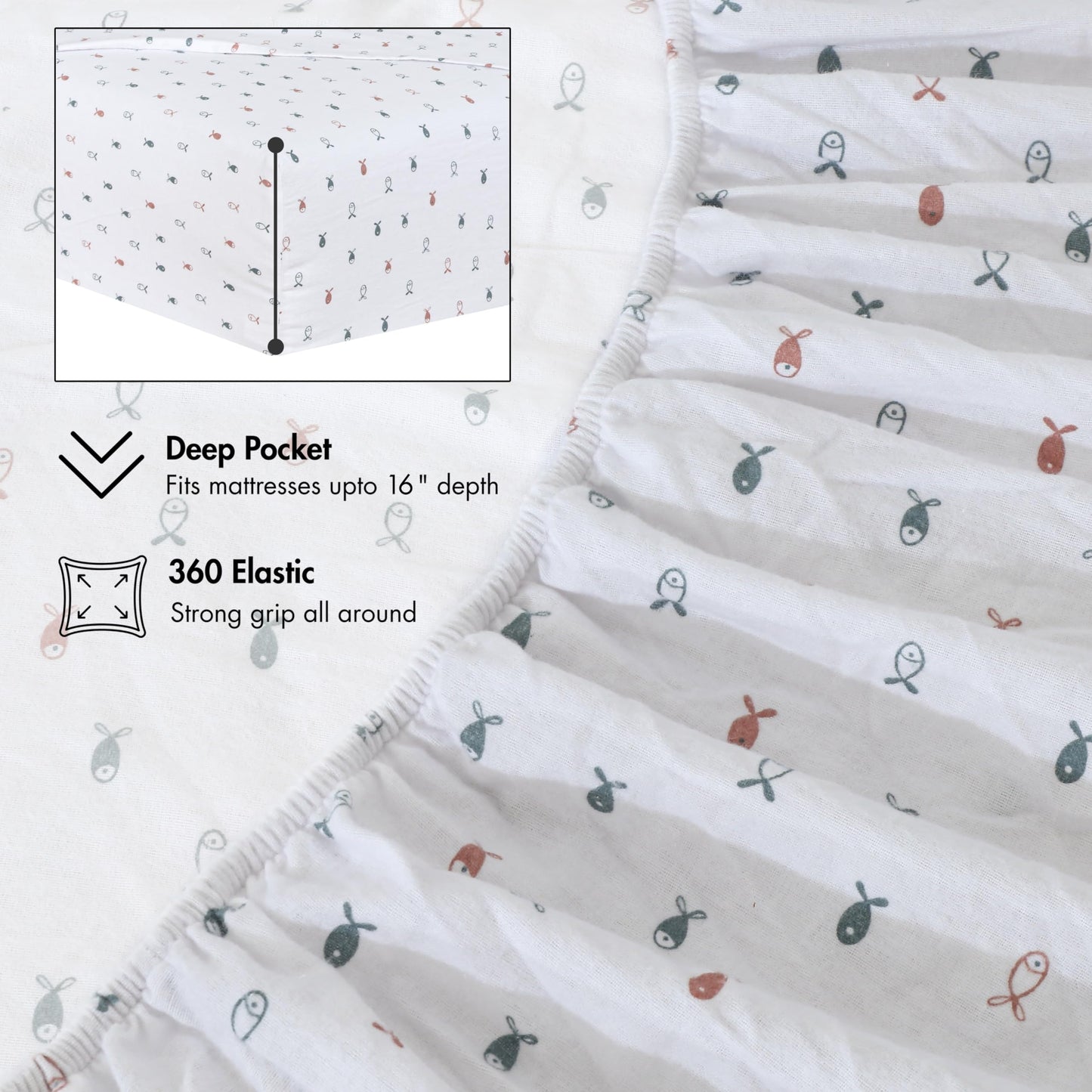 RUVANTI Flannel Sheets Queen Size - 100% Cotton Double Brushed Bed Sheets, Deep Pockets 16 Inches Queen Sheet Set, All Seasons Breathable & Extra Soft - Warm & Cozy, 4 Piece, Little Swimmers