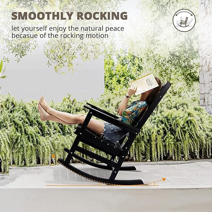 LUE BONA Outdoor Rocking Chairs Set of 2, Weather Resistant Poly Plastic Rocker, 350lb Heavy Duty, Oversized Porch Rocker for Adult, High Back Smooth for Outdoor & Indoor, Black