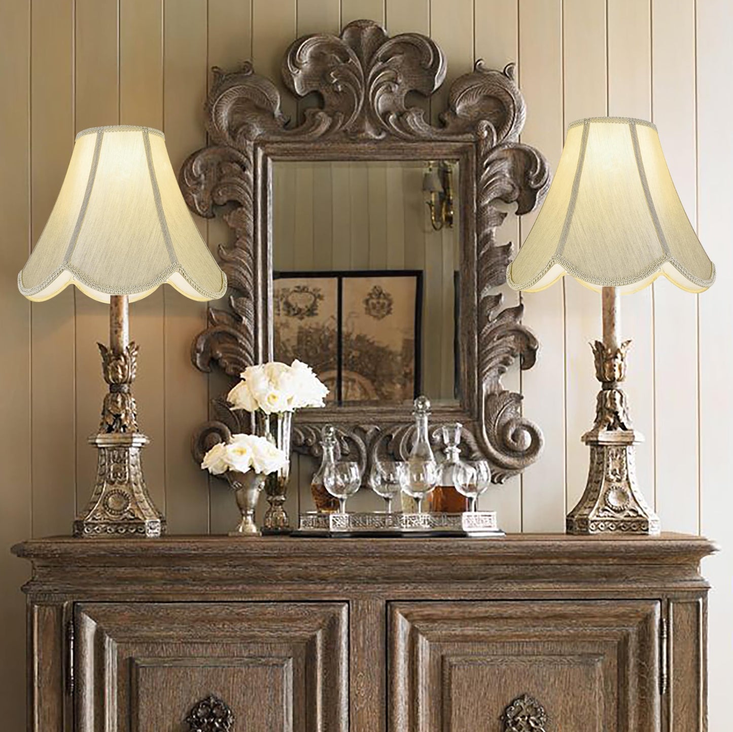 GO&SO Gold Lamp Shade Medium Bell Lamp Shades 2pc Edge Petal Braid Design Scalloped Lamp Shade,6"Top x 13"Bottom x 10.6"Vertical Height (Spider) Replacement Lampshades for Table Lamps - Easy Assembly