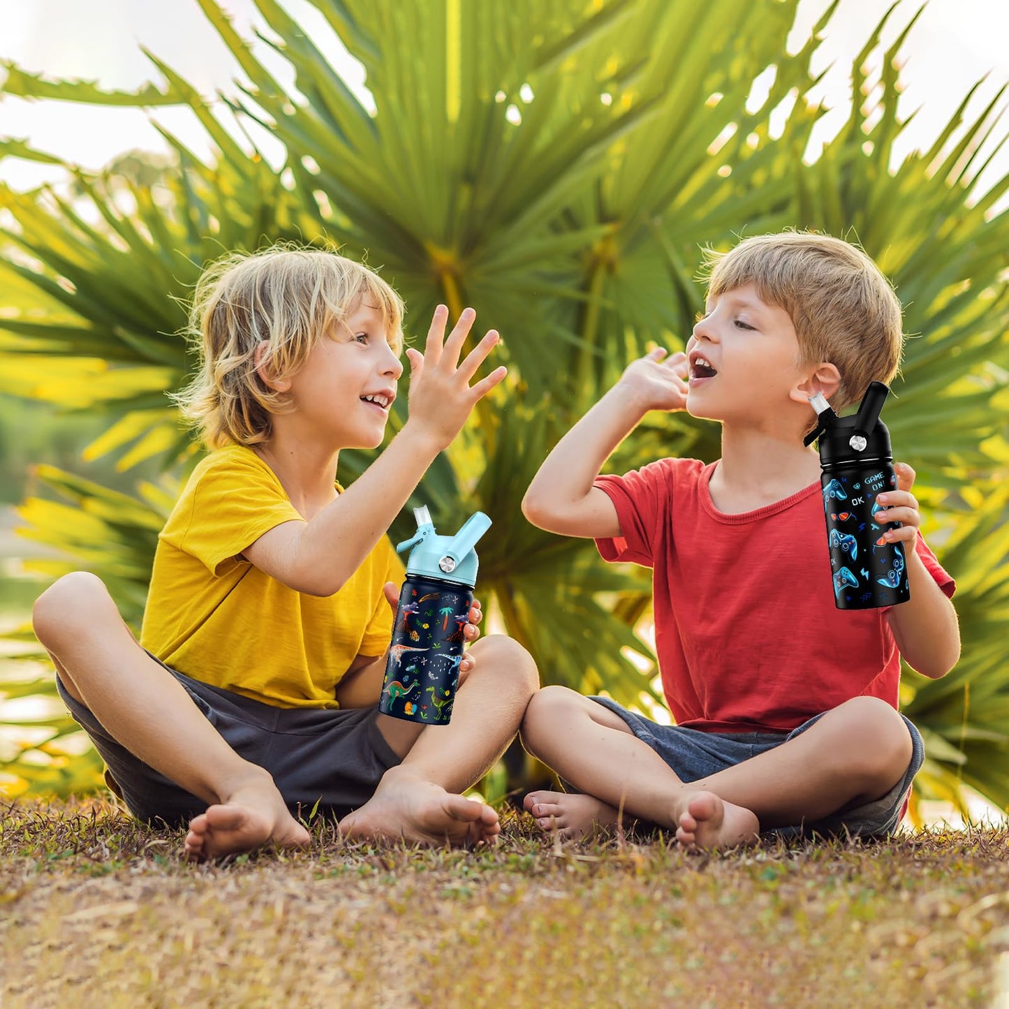 ACESAK 14oz Kids Insulated Water Bottle with Straw Lid - 18/8 Stainless Steel Kid Cup Travel Tumbler Double Wall Vacuum Leak Proof Portable Toddler Water Bottle (Game + Dinosaur)