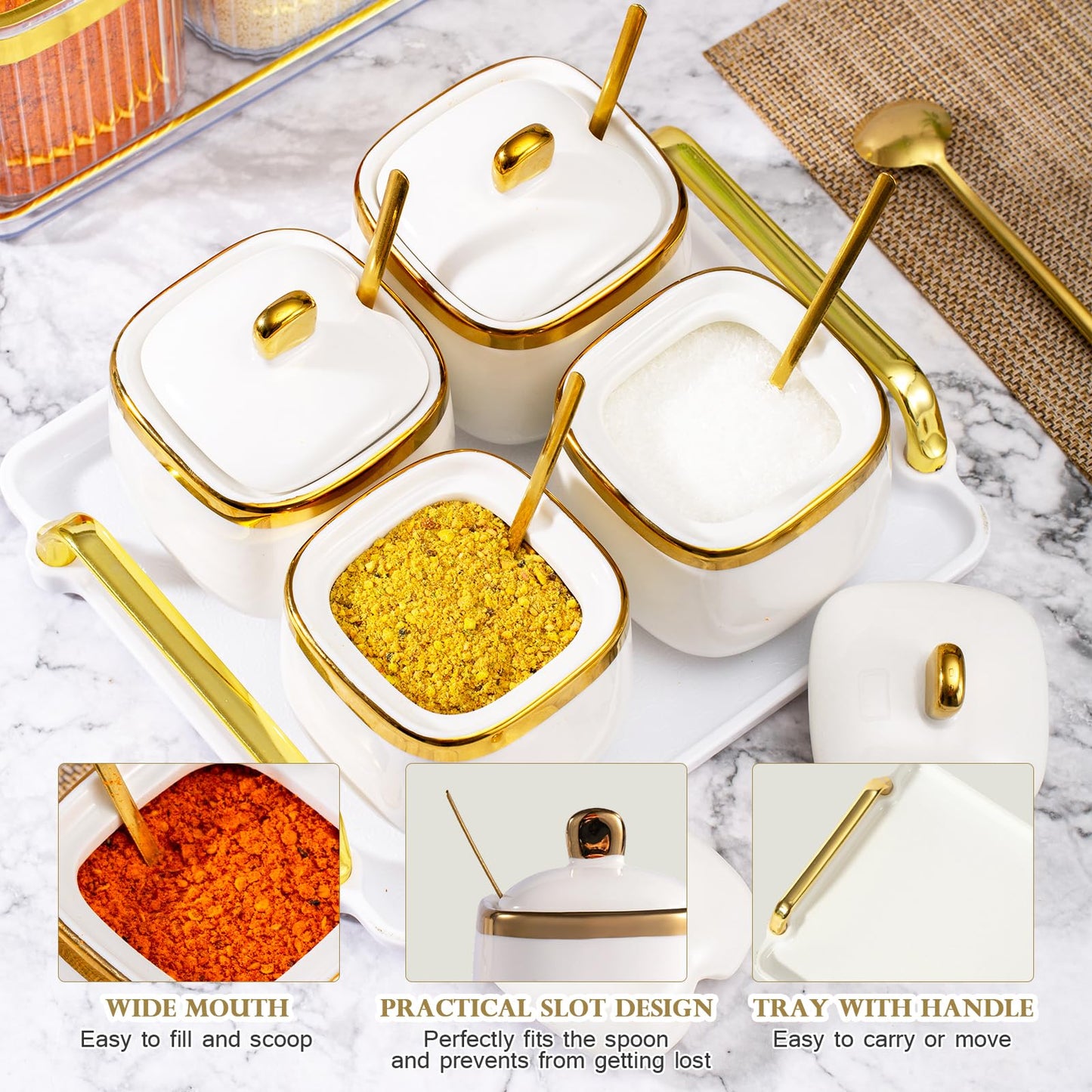 EABOSON 4 Pack Gold Condiment Spice Jars with Lids, Spoons, Tray - Ceramic Seasoning Box Set for Salt, Pepper, Sugar - Kitchen Storage