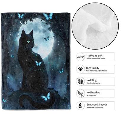 MIEPOS Fantasy Black Cat Throw Blanket, 50x60in, Soft Lightweight Flannel, Mystical Moon Butterfly Design Blankets,Gifts for Women Girls,for Couch Travel Office Home Living Room Cabin Decor