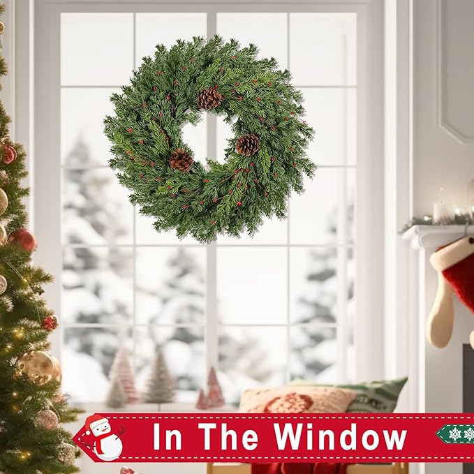 Real Touch Pine Christmas Wreath 24 Inch Christmas Wreaths for Front Door Winter Wreath Artificial Green Wreaths Outdoor Christmas Decorations Indoor Outside Window Home Holiday Thanksgiving
