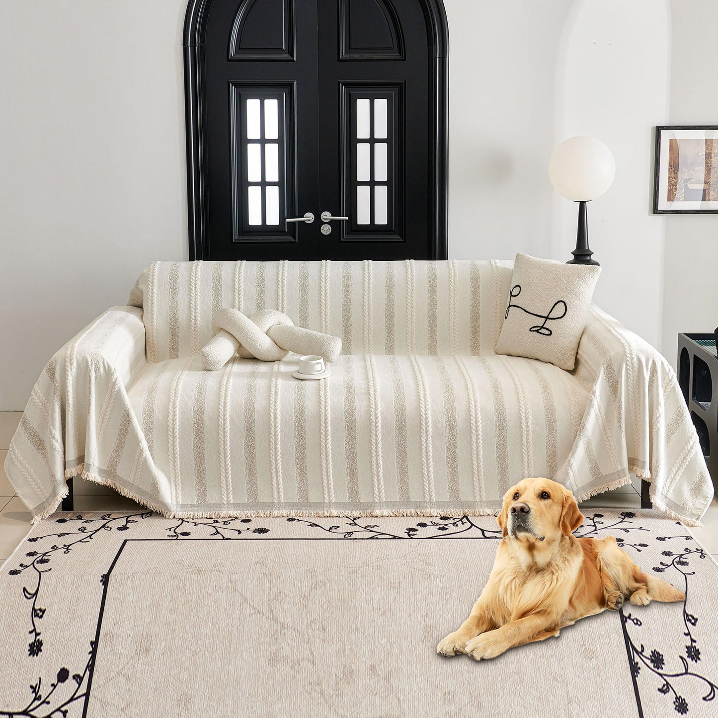 HAOMAIJIA Non Slip Couch Cover Sofa Covers for 3 Cushion Couch Washable sectional Couch Covers for Dogs pet Furniture Protector Couch Cover Blanket for Living Room (TM-Cream White, 91"x134")