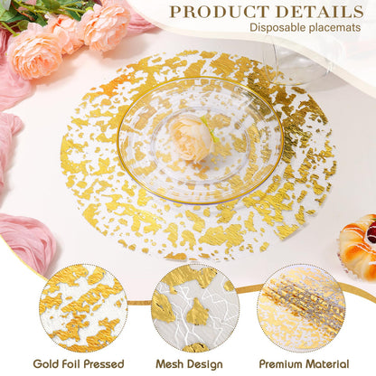 KesaPlan 100 PCS Disposable Gold Placemats Set, 13" Metallic Round Doilies for Tables, Gold Foil Mesh Pressed String Table Mats, Thin Mesh Decorative Doilies for Wedding, Holiday, Party, Christmas