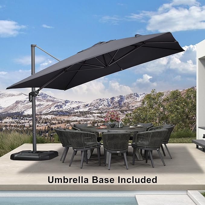 PURPLE LEAF 11.5' X 11.5' Telescopic Patio Umbrella with Base Included Lifting Cantilever Offset Square Large Umbrella for Pool Outdoor Patio Deck Garden Grey