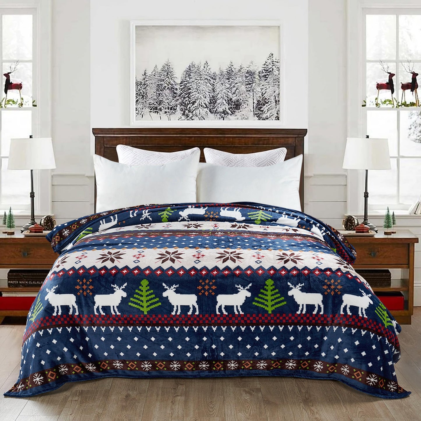 Home Soft Things Christmas Collection Flannel Fleece Blanket, Queen, Blue Christmas Deer, 90" x 90", Winter Warm Cozy Throw Blanket for Bed Home Décor
