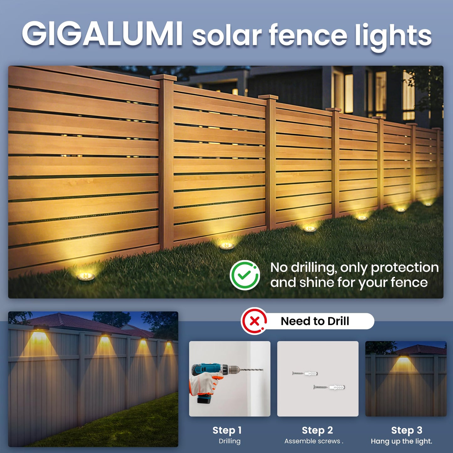 GIGALUMI Solar In-Ground Fence Lights - No-Drill Fence Lighting Solution, Waterproof Perimeter Lights Compatible with Wood, Metal & Concrete Fences (12 Pack Warm White)