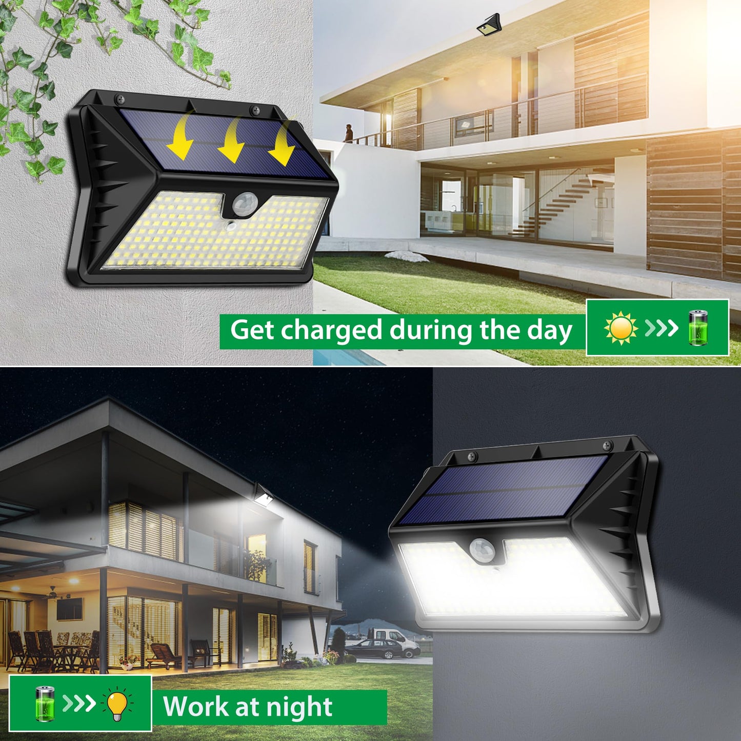 Solar Lights Outdoor Garden 185 LED Motion Sensor Security Lights, Solar Powered Wall Lighting with 3 Modes, IP65 Waterproof, Ideal for Patio, Fence, Driveway – 2 Pack Cool White
