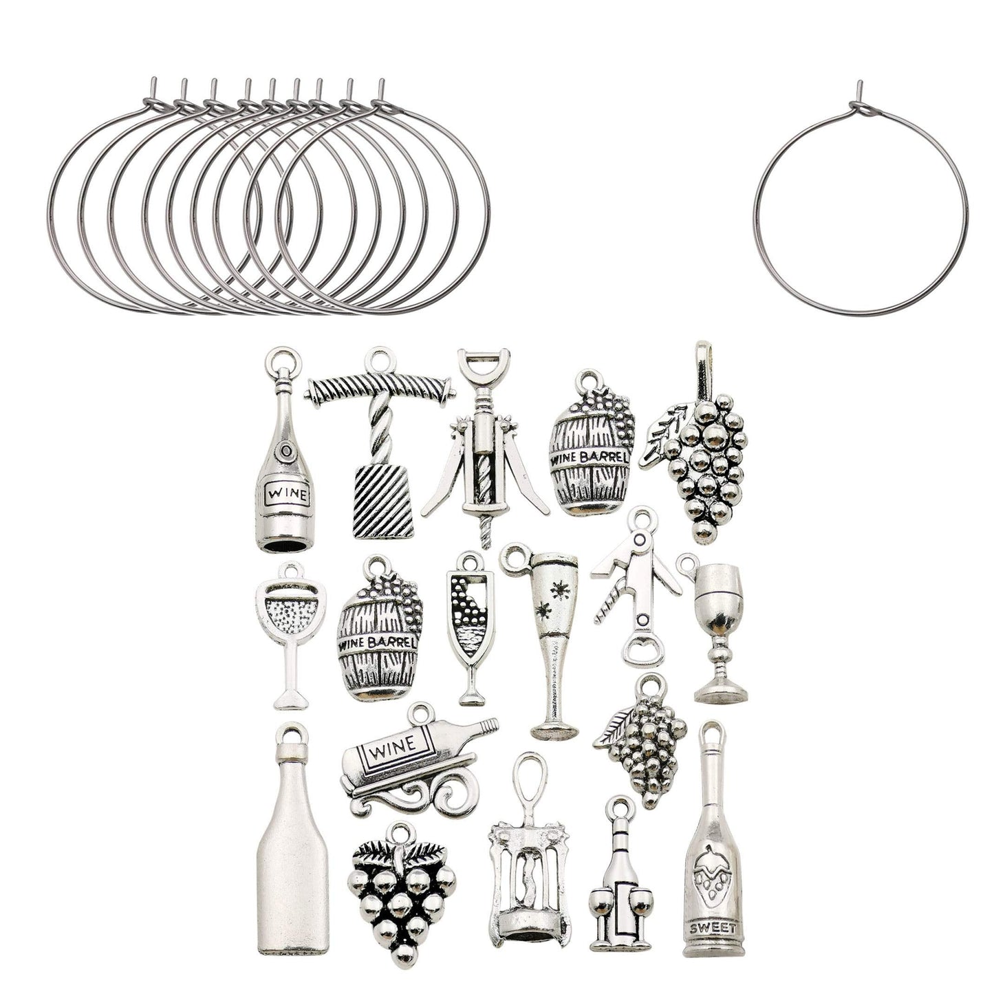 WOCRAFT Craft Supplies Wine Glass Charms Markers Tasting Party Decoration Supplies Gift with 25mm Strong Stainless Steel Wine Glass Charm Rings (M307+10575)