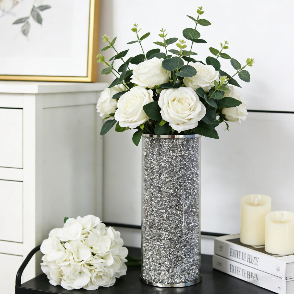 Silver Crystal Flower Vase, 10" Large Crushed Diamond Vase, Shiny Round Modern Luxury Decorative Glass Vases for Home Decor, Dining Table, Bathroom, Bedroom, Sofa Table, Wedding