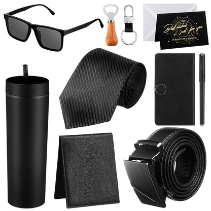 Tioncy 12 Pcs Birthday Gifts Set for Men Gift Box Baskets 16 oz Tumbler Wood Bottle Opener PU Leather Wallet Tie Belt Keychain Sunglasses Pen Journal for Dad Boyfriend Husband Brother