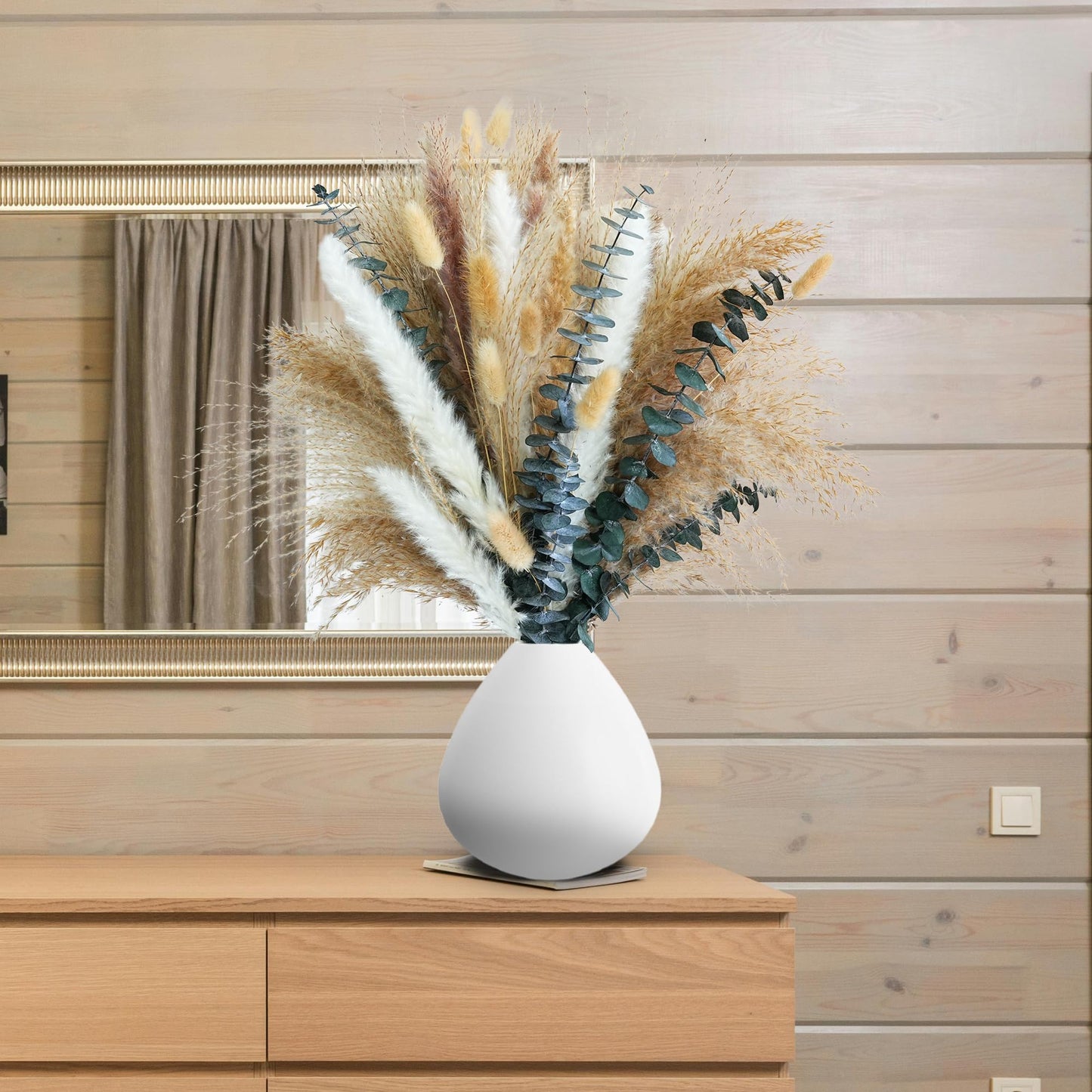 Pampas Grass Decor, Dried Flower Bouquet with Bunny Tail Grass, Pampas Grass & Eucalyptus, Boho Centerpieces for Tables & Floors - Dried Floral Arrangement, Fall Grass & Stylish Olive Green Wall Décor