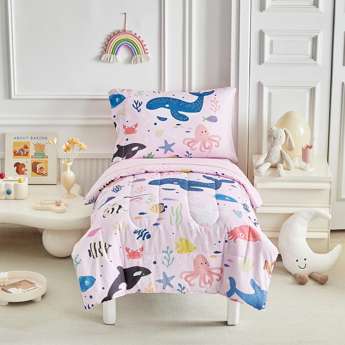 Joyreap 4 Piece Toddler Bedding Set for Girls- Ocean Theme Pink Design, Microfiber Toddler Bedding Comforter Set for All Seasons