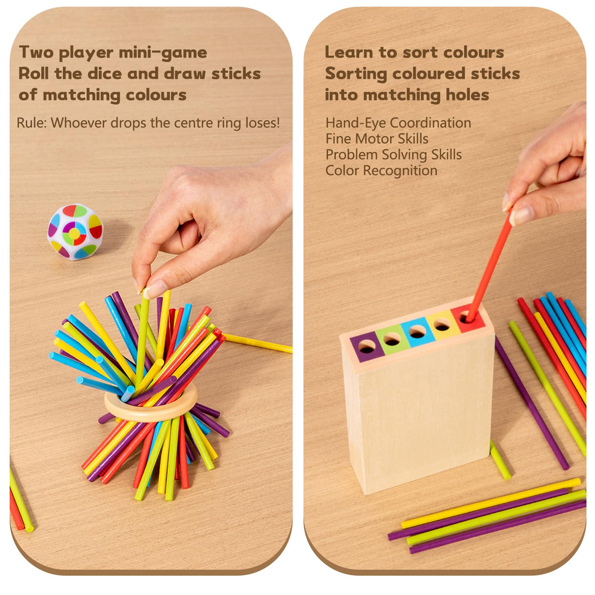Montessori Toys for 3 Year Old, Wooden Board Game Pick Up Sticks Ball Drop