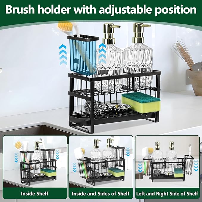 Sponge Holder for Kitchen Sink Organizer Caddy, 2 Tier Dish Brush Scrubber