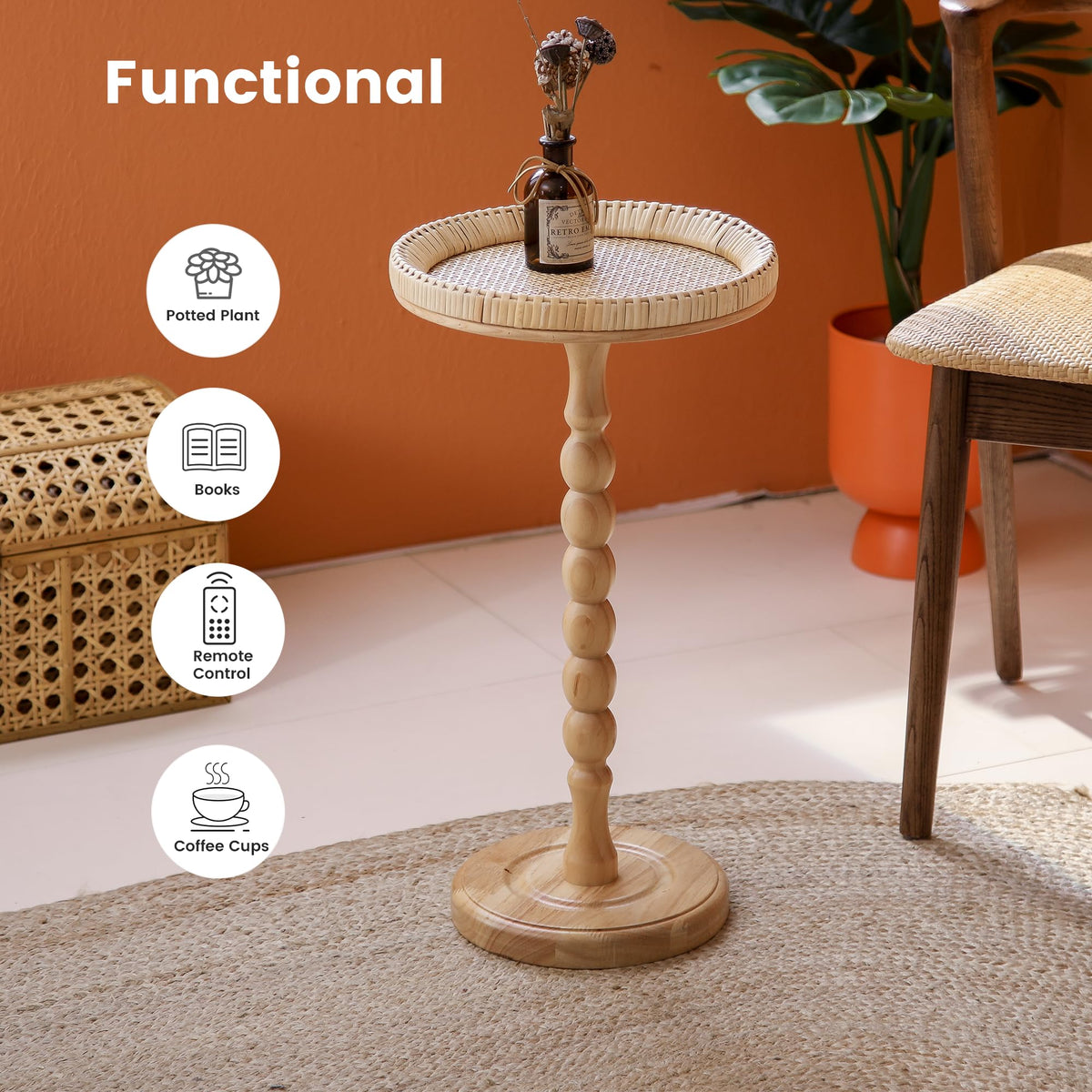 HuiDao Drink Table，Rattan Round Small Side Table for Small Spaces, Boho Circle End Table Coffee Table with Solid Wood Leg for Living Room, Pedestal Table for Bedroom, Corners