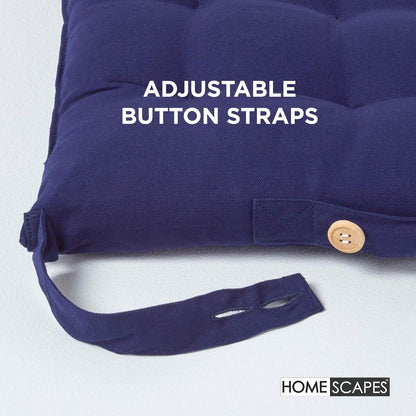 HOMESCAPES - Seat Pad - Navy Blue - 40 x 40 cm - Indoor - Garden - Dining - Chair Cushion with a Button Tie Handle to fix to Chair - 100% Cotton - Well Filled - Easy Care - Washable At Home